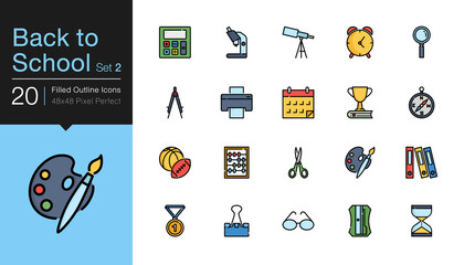 Back to school icons set 2. Filled outline design. For presentation, graphic design, mobile application or UI. Vector illustration.