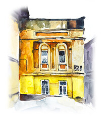 Retro architecture Russia. Sketch from architecture nature. Watercolor hand drawn illustration