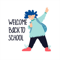 Welcome Back to School vector banner, illustration. Schoolboy showing V-sign illustration and hand lettering