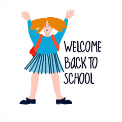 Welcome Back to School vector banner, illustration. Schoolgirl waving her hands illustration and hand lettering