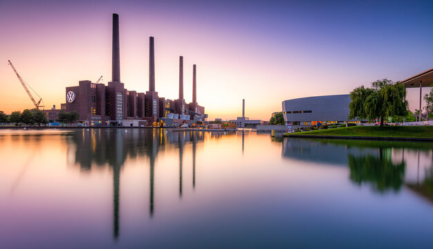Volkswagen power plant, providing energy for one of the largest manufacturing plants in the world,  seen opposite of the Autostadt - VW Automobile Museum in Wolfsburg, Germany.