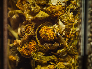 dried chamomile flower in glass