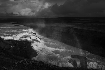 Gullfoss waterfall in South Iceland. Beautiful nature landscape. Black and white toned