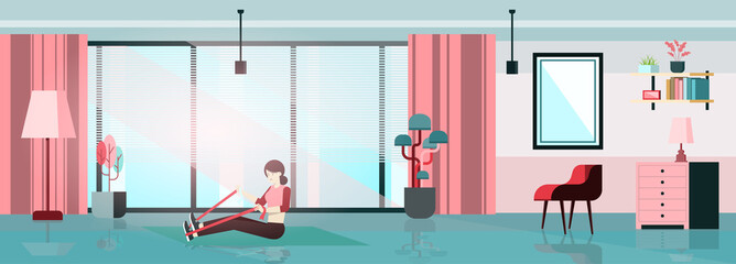 Stay home concept. Women exercising in the house. Home activity vector illustration