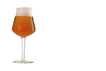 Glass of cold red beer in the left isolated on a white background