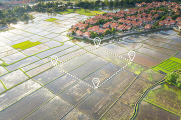 Land plot in aerial view. Gps registration survey of property, real estate for map with location,...