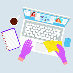 Vector drawing of a hand working in gloves at the computer, communication, chat. Cleaning the work surfaces of the keyboard with a yellow napkin, pink gloves flat style. Disinfection, table cleaning.