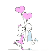 Vector one line drawing of a couple in love in color on a white isolated background. Guy and girl with a bouquet of balloons, hearts in outline style. Love, youth, print.