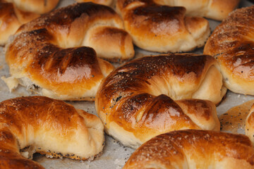 Sweet delicious homemade bagel croissant background