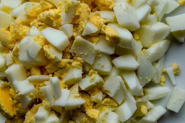 Diced salad products. Detailed recipe.  Eggs. Olivier salad.