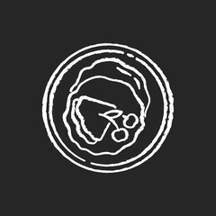 Crepe chalk white icon on black background. Thin french pancakes. Fried dessert with cherry syrup. Yummy traditional dish. Dining at restaurant. Isolated vector chalkboard illustration