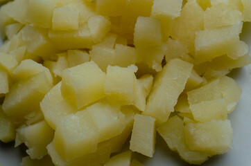 Diced salad products. Detailed recipe. Boiled potatoes. Olivier salad.