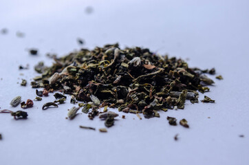 Scattered green tea pattern. Beautiful background. Tea.