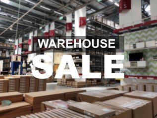 The word WAREHOUSE SALE is clearly written against the background of an image of a department store in a large warehouse. The image has been blurred.