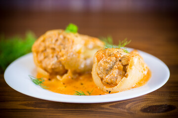 stuffed with meat and rice with roasted pepper sauce