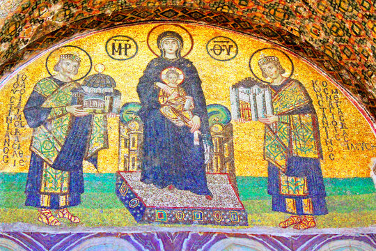 ISTANBUL - MARCH 30: Ancient mosaic in Hagia Sophia on March 30, 2013 in Istanbul, Turkey. Hagia Sophia is the greatest monument of Byzantine Culture. It was built in the 6th century.
