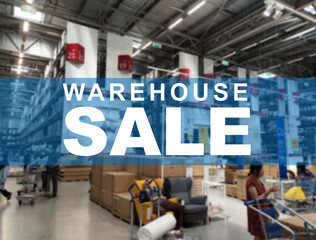 The word WAREHOUSE SALE is clearly written against the background of an image of a department store in a large warehouse. The image has been blurred.