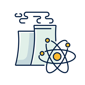 recommend clip art: Nuclear industry RGB color icon. Atomic energy manufacturing technology. Modern power plant with nuclear reactor cooling chimney isolated vector illustration