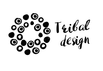 Tribal design lettering and dot circle. Monochrome minimalistic art logo. Inspired by signs of primitive aboriginal culture. Vector isolated inky black art on white backdrop for nursery