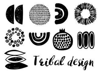 Tribal logo collection. Printable black and white monochrome print decorations. Minimal kids room decor styling. Contrasty black elements on white background.