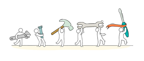 Naklejka premium Doodle cartoon little men and tools.
