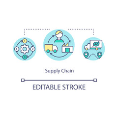 Supply chain concept icon. Manufacturer work from factory to delivery. Industrial system. Production process. idea thin line illustration. Vector isolated outline RGB color drawing. Editable stroke