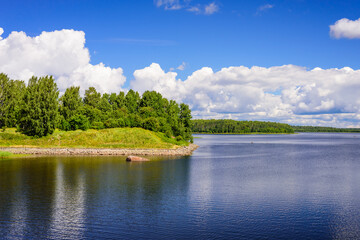 Beautiful summer seascape. The picturesque coast of the Gulf of Finland, Baltic sea, near Vysotsk town, Leningrad oblast, Russia