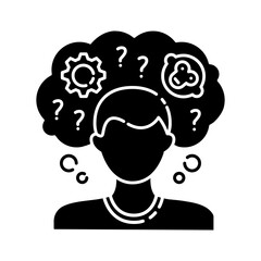 Intellectual disability black glyph icon. Person with short term memory loss. Think in confusion. Amnesiac man. Anxious question. Silhouette symbol on white space. Vector isolated illustration