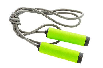 A jump rope with a bright light green handles isolated on white background. Horizontal orientation.