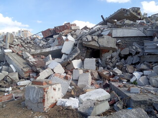 destroyed building, earthquake, pile of rubble and debris, landfill
