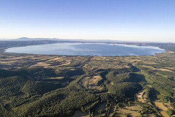 Aerial view of Lake Bolsena. A volcanic lake in Viterbo province