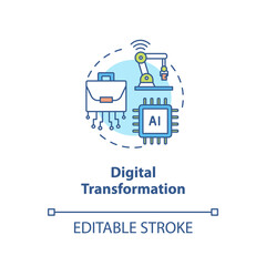 Digital transformation concept icon. Artificial intelligence. Innovative technology. Automatization of factory idea thin line illustration. Vector isolated outline RGB color drawing. Editable stroke
