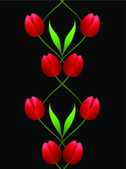 Vertical seamless pattern with red tulips on a black background.