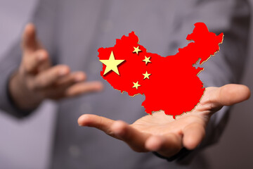 3d Outlined People's Republic of China map country silhouette in national flag