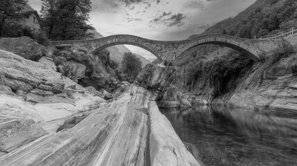 Ponte dei salti. Famous bridge near Lavartezzo, ticino, switzerland. black and white photograpy.