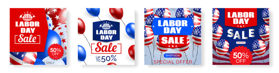 American labor day sale square web banners design set for social media vector illustration