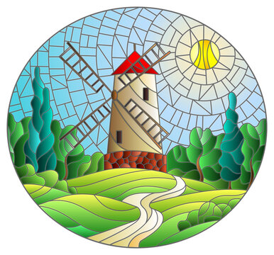 The image in the stained glass style landscape with a  windmill on a background of sky and sun, oval image