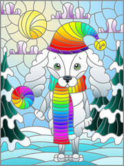Illustration in stained glass style on the theme of winter holidays, cute cartoon poodle dog on the background of a winter landscape