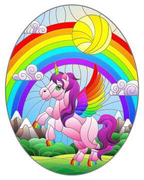 Illustration in stained glass style with pink cartoon unicorn on  background of mountains, rainbow, greenery and sky, oval image