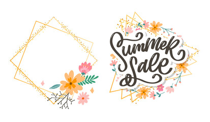 Trendy floral vector template. Summer flowers and Summer sale lettering illustration.