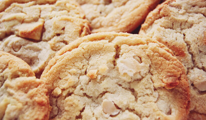 Macro close up  photo of bunch of  sweet homemade cookies.  Pastry background.