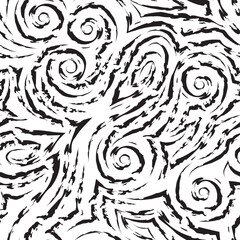 Vector black seamless pattern drawn with a brush for decor isolated on a white background.Smooth lines with torn edges in the form of spirals of corners and loops.