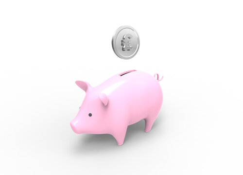 3D Render image of piggy bank with silver pound coin