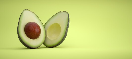 Avocado cut in half on green background.