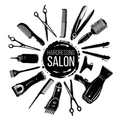 Black graphic hairdresser decorative set with beauty haircut accessories and equipment with round haircut salon logo in center. Beauty salon and barbershop background. - obrazy, fototapety, plakaty