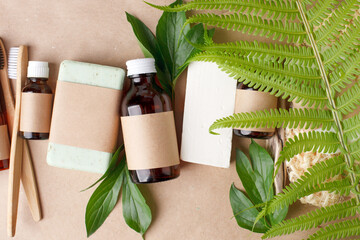 Zero waste bathroom accessories, natural bamboo toothbrush, coconut solid soap and shampoo bars, essential aroma oil, serum, concept of eco-friendly sustainable lifestyle, bathroom