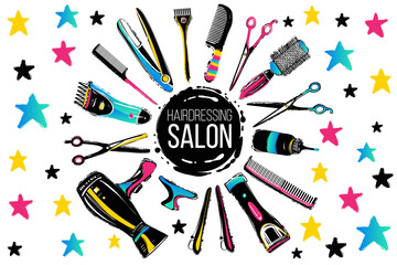 Barber shop, haircut & beauty salons banner, flyer, card template. Inspired by fashion professional hairdressers tools.Vector illustration. Isolated elements on white background