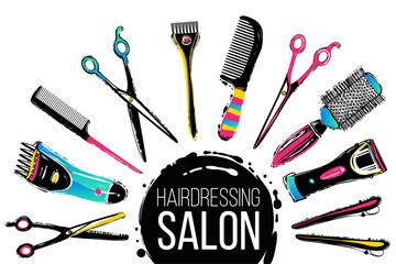 Barber shop, haircut & beauty salons banners, flyers, cards template. Inspired by fashion professional hairdressers tools.Vector illustration. Isolated elements on white background