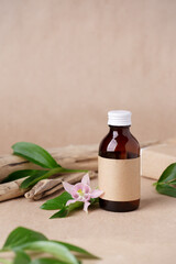 Herbal natural facial cosmetic product set with herbs on paper craft background, top view. Branding mock up, sustainable packaging, amber glass, eco-friendly wellness products, self-care focus