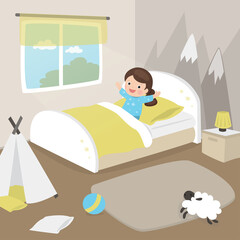 Little girl lies in bed. Cute female kid wakes up in the morning in her bedroom.